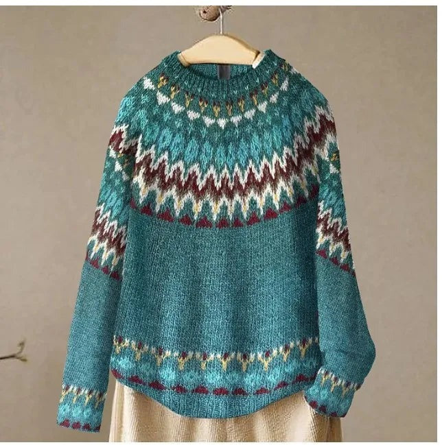 Langærmet islandsk kvindetrøje i mønstret strik. Varm sweater i colorblock design, ideel til koldt vejr.