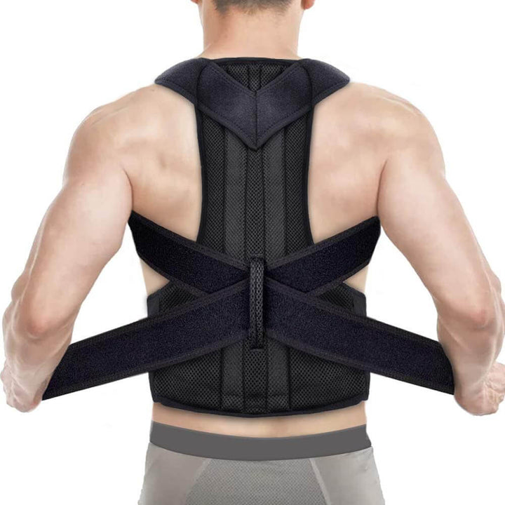 Justerbar og åndbar holdningskorrektor i sort til mænd og kvinder. Ergonomisk ryg- og skulderstøtte.