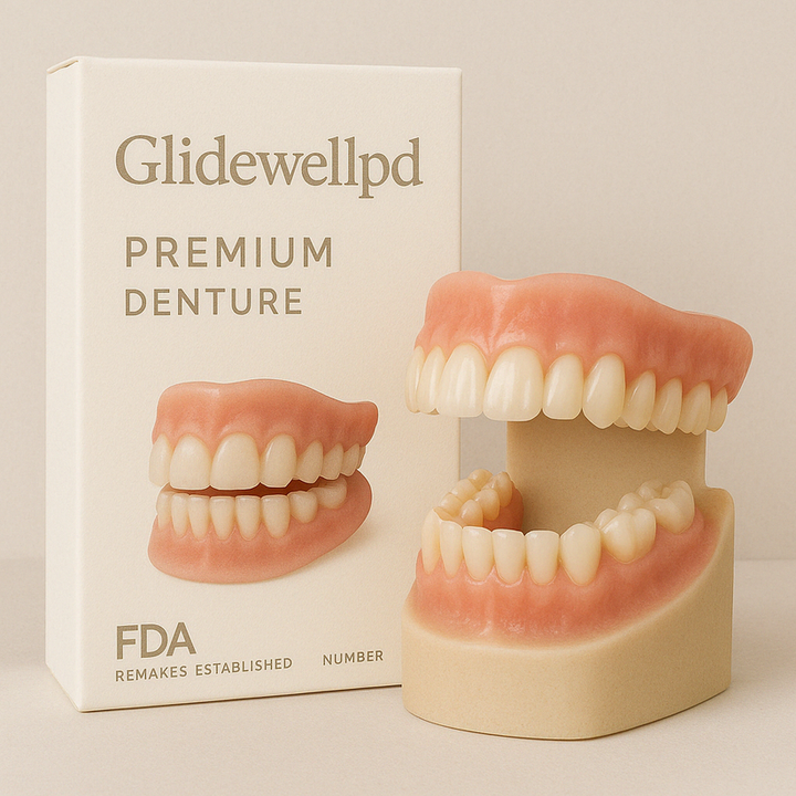 Justerbart tandprotesesæt med naturgummi for komfort og et naturligt smil. Ideel til kosmetisk tandpleje.