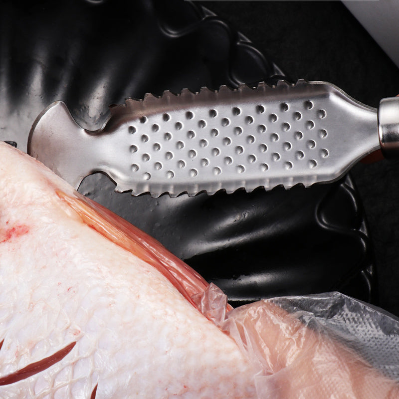 Smart redskab i rustfrit stål: fiskeskæller og urteklipper i ét, gør madlavning lettere og hurtigere.