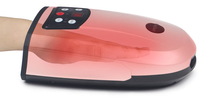 Trådløst håndmassagesystem i hvid med luftkompression og varmeterapi, ergonomisk design, ideelt til hjemmebrug.