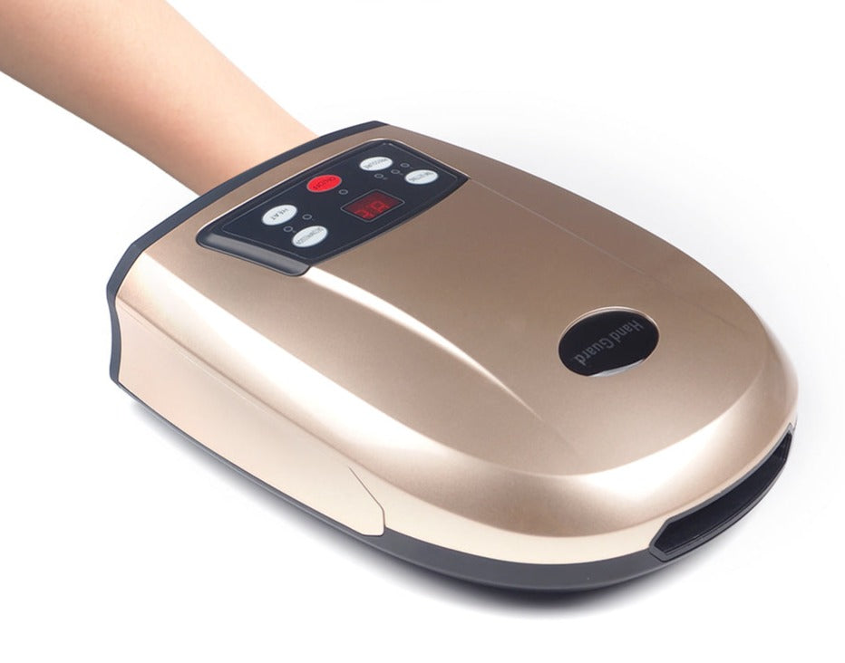 Trådløst håndmassagesystem i hvid med luftkompression og varmeterapi, ergonomisk design, ideelt til hjemmebrug.