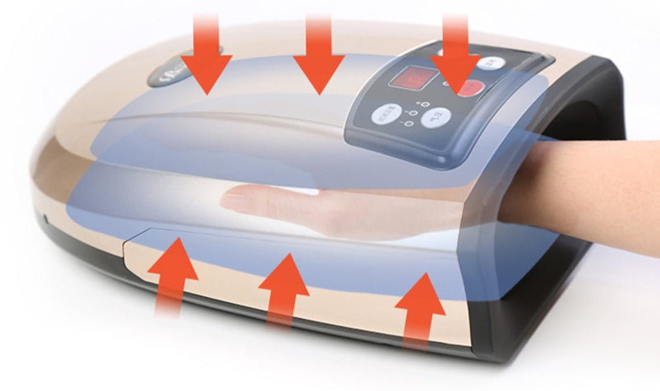 Trådløst håndmassagesystem i hvid med luftkompression og varmeterapi, ergonomisk design, ideelt til hjemmebrug.
