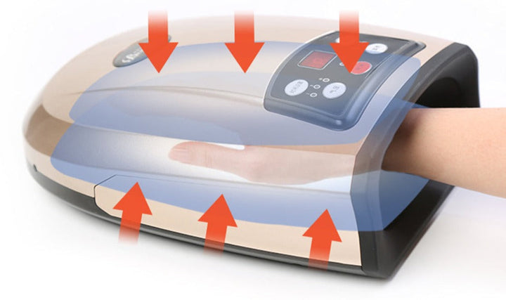 Trådløst håndmassagesystem i hvid med luftkompression og varmeterapi, ergonomisk design, ideelt til hjemmebrug.