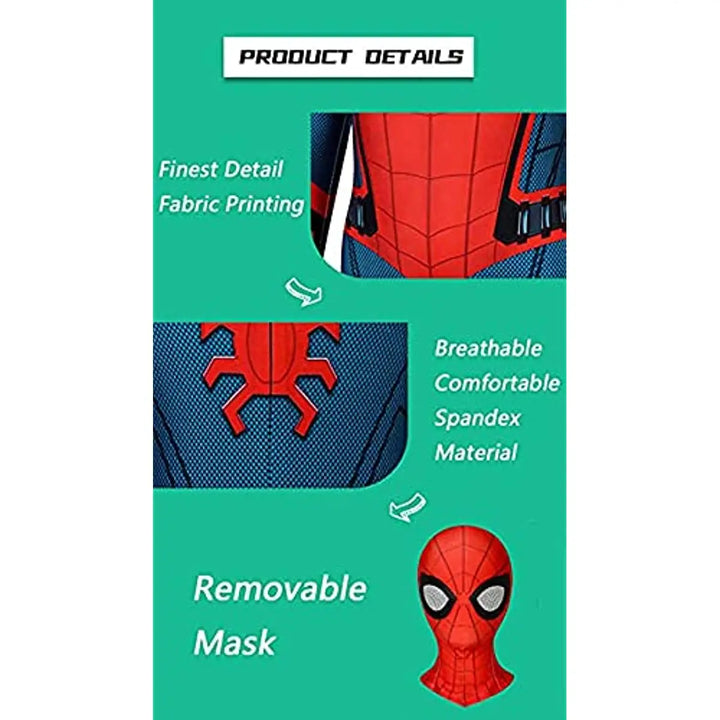 Barn iført WebStrike superheltekostume, rød-blåt design med maske, åndbart stof til behagelige eventyr