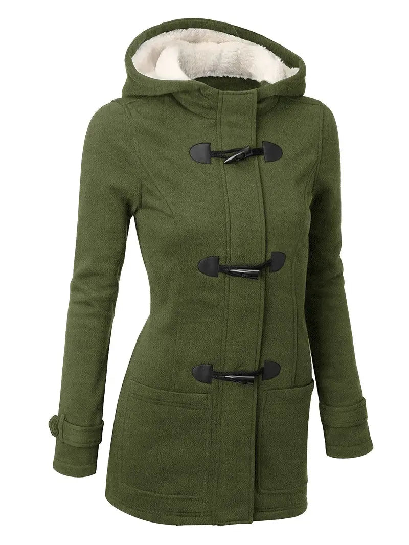 Stilfuld lang duffelcoat til kvinder med hætte. Moderne look, ideel som efterårsjakke og varmt overtøj.