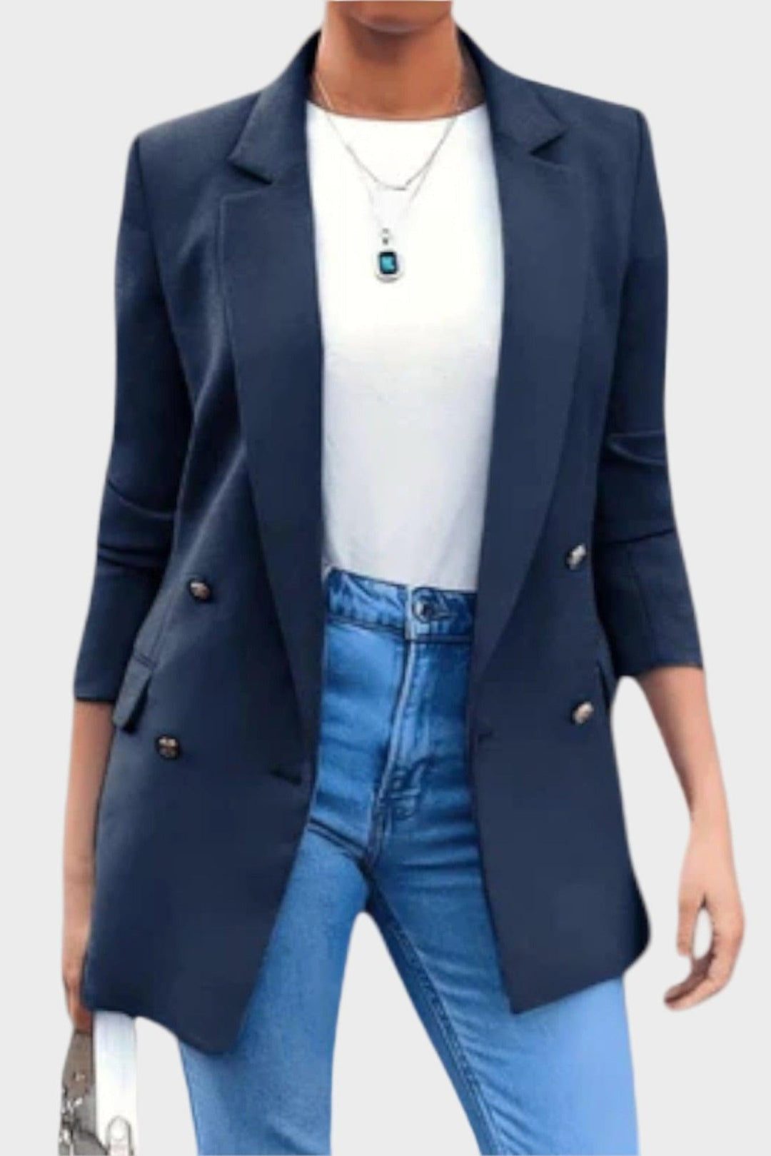 Klassisk marineblå dameblazer med skræddersyet pasform, elegant til kontor, business og fest. Tidløs mode.