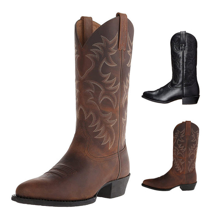 Klassiske brune cowboystøvler til mænd i western stil, perfekt til et stilfuldt hverdags- eller festoutfit.