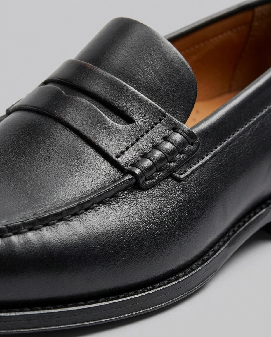 Herre penny loafers på fødder. Komfortable slip-on sko, der komplementerer både jeans og habitter elegant.