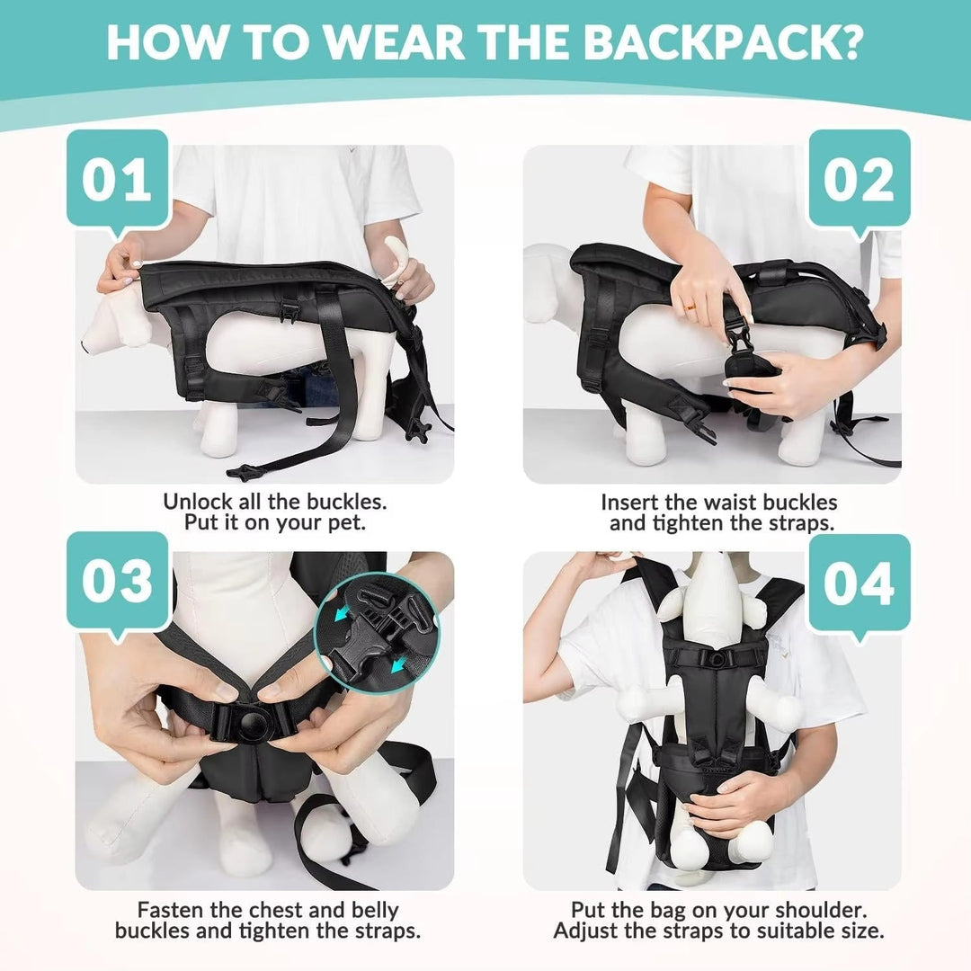 Justerbare, polstrede stropper og ergonomisk design på hundebæresæk for ejerens og hundens komfort.