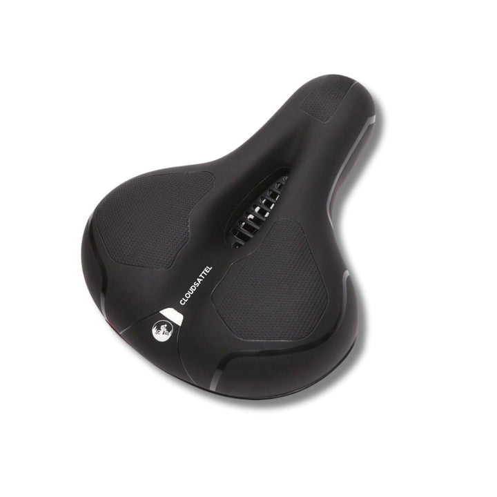 Komfortabel, reflekterende cykelsadel i sort, vejrbestandig, med optimal ventilation for smertefri cykling.