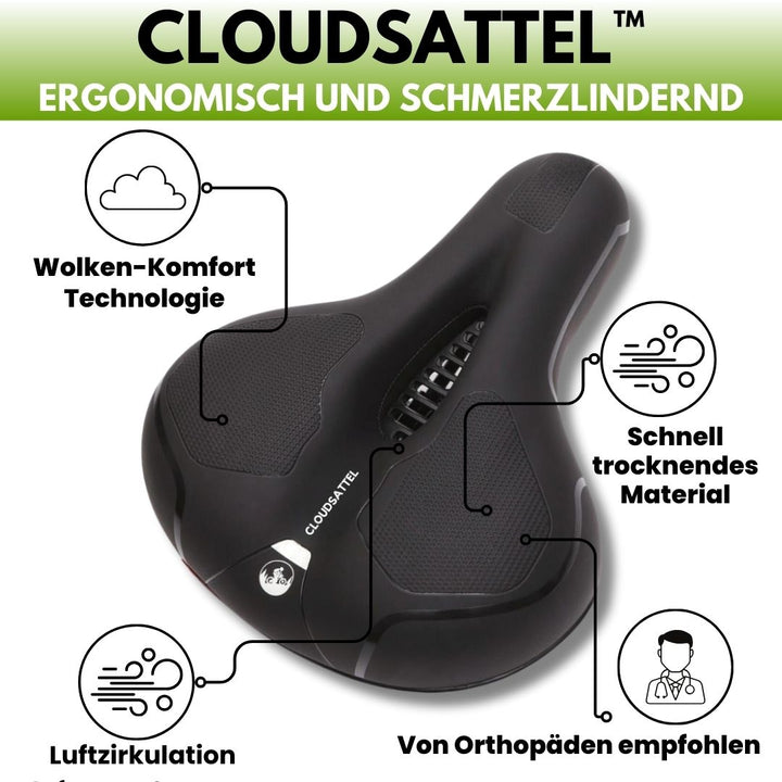 Komfortabel, reflekterende cykelsadel i sort, vejrbestandig, med optimal ventilation for smertefri cykling.