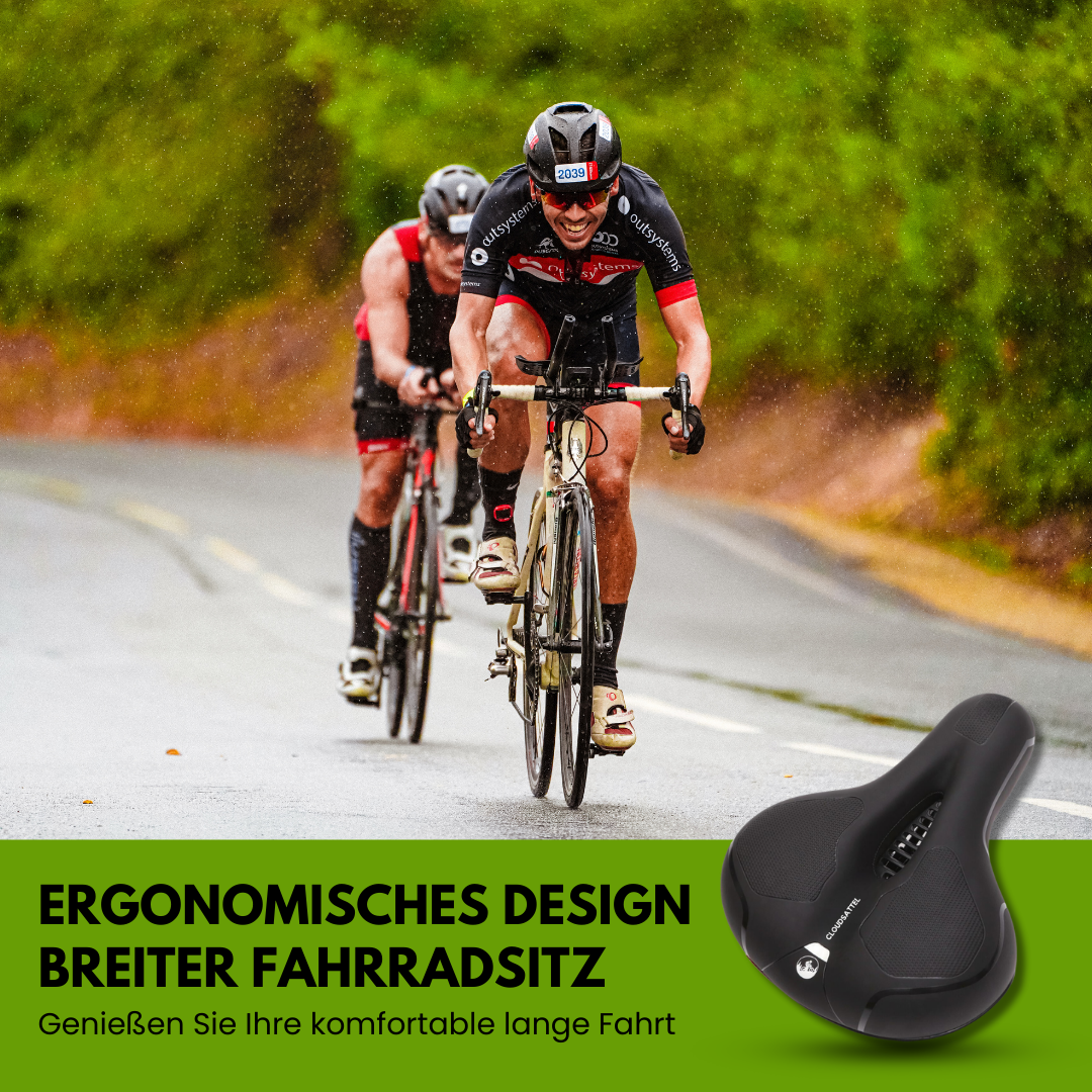 Komfortabel, reflekterende cykelsadel i sort, vejrbestandig, med optimal ventilation for smertefri cykling.