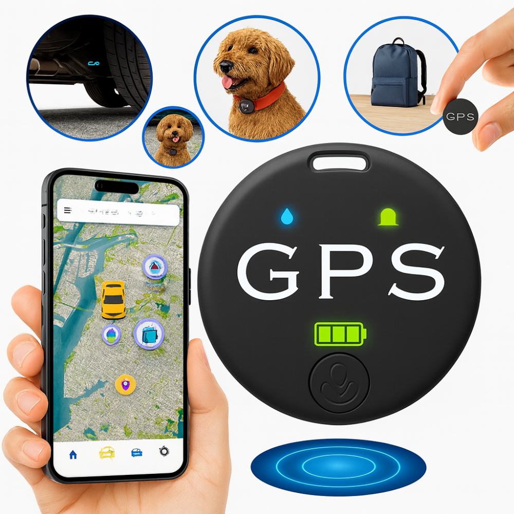 Kompakt sort magnetisk Bluetooth tracker til nem sporing af ejendele og værdigenstande.