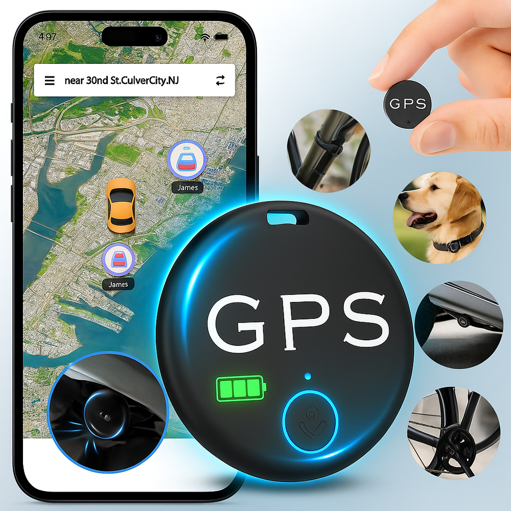 Nærbillede af universel Bluetooth tracker med magnetisk montering til sikker lokalisering.