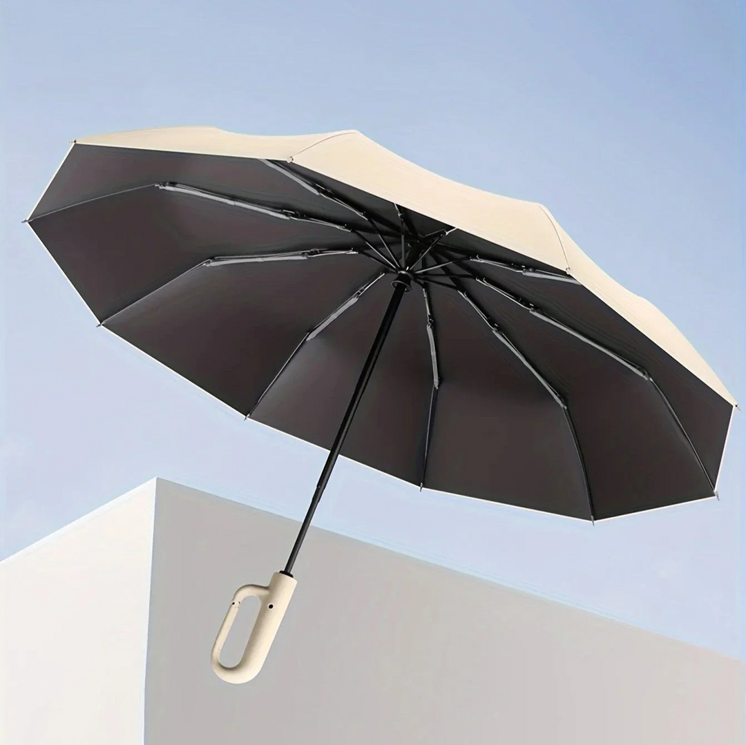 Automatisk paraply i fuld størrelse, giver UV-beskyttelse mod solen. Essentialt udendørs tilbehør.