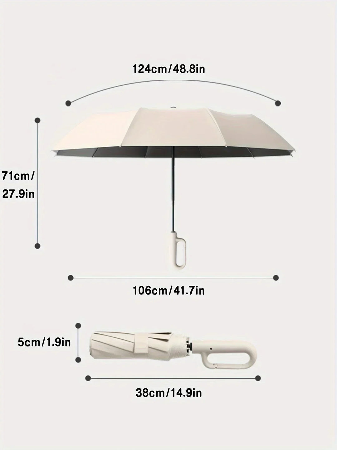 Automatisk unisex paraply med trykknap, let at åbne og lukke. Effektiv mod regn og sol.