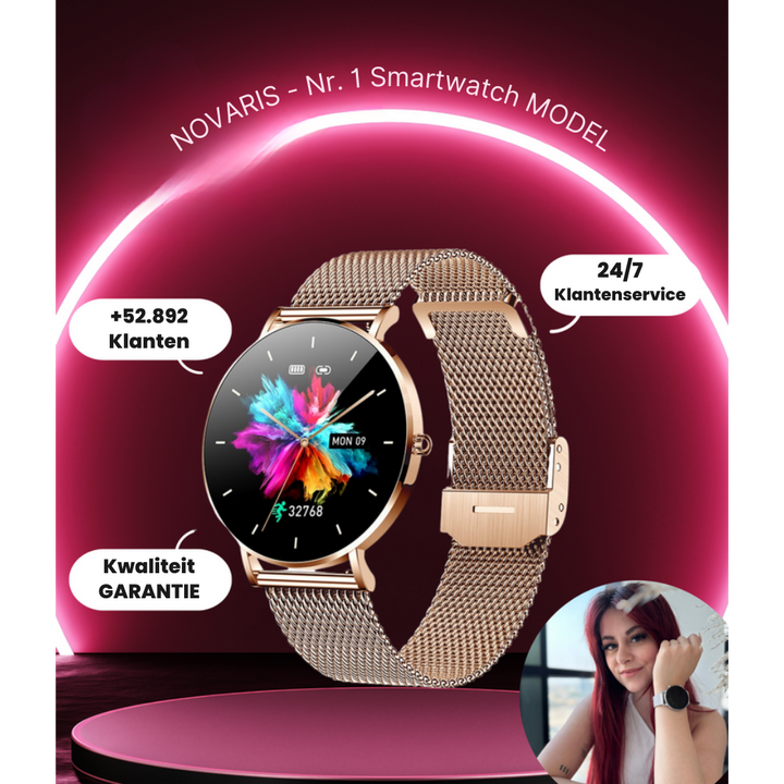 Kompakt, elegant smartwatch med ultratyndt design og mesh-rem, perfekt til enhver stil, AMOLED-skærm.