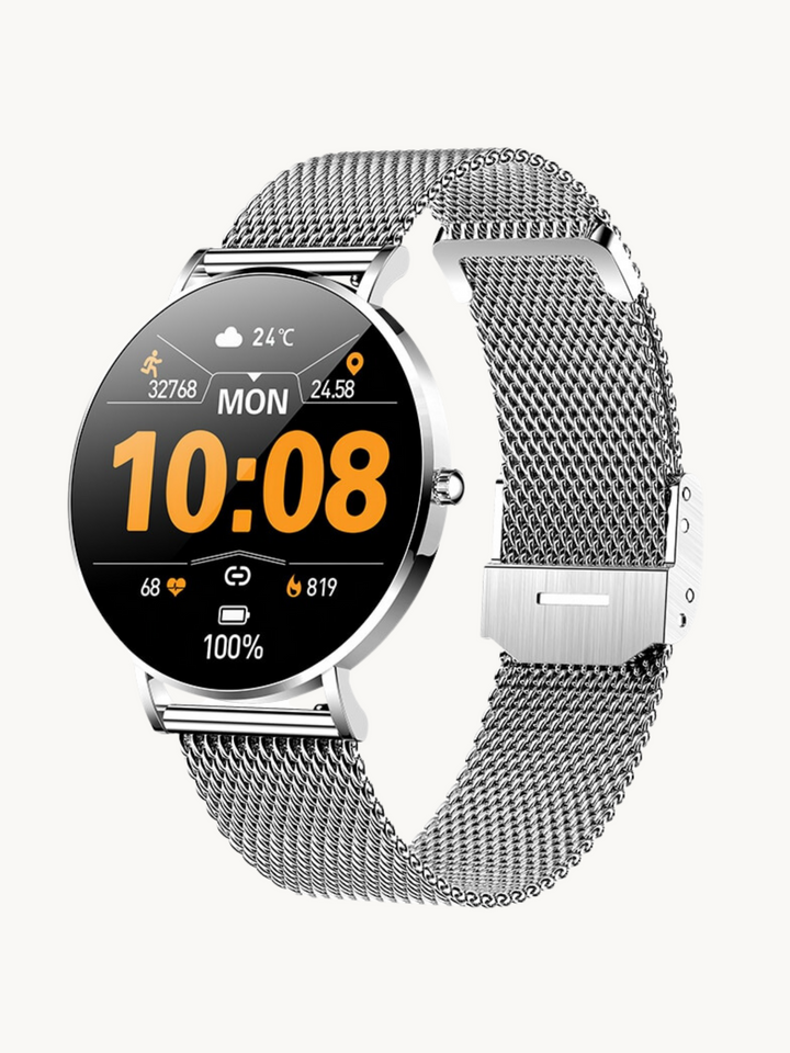 Kompakt, elegant smartwatch med ultratyndt design og mesh-rem, perfekt til enhver stil, AMOLED-skærm.