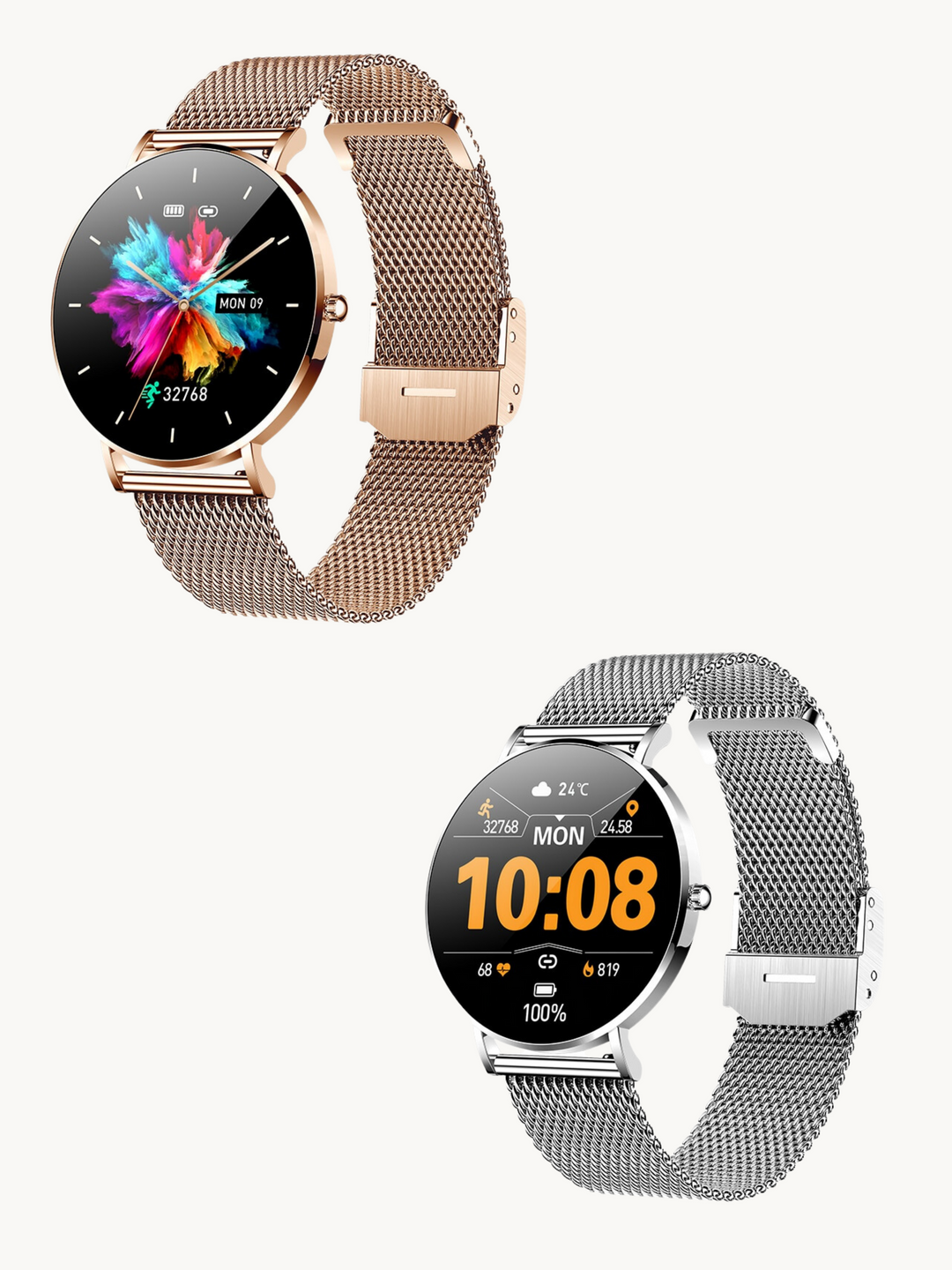 Kompakt, elegant smartwatch med ultratyndt design og mesh-rem, perfekt til enhver stil, AMOLED-skærm.