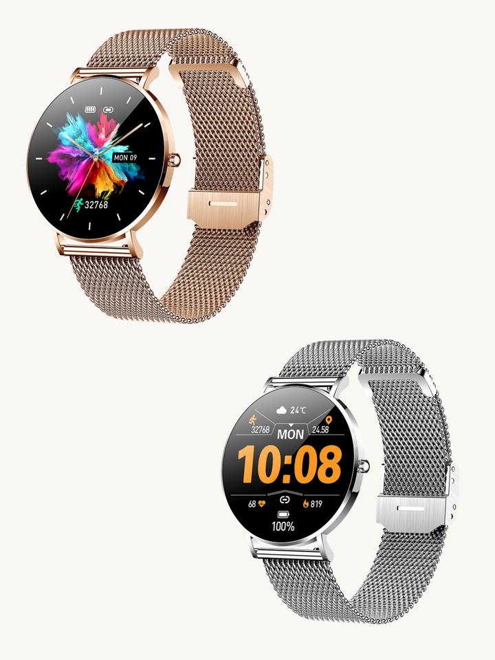 Kompakt, elegant smartwatch med ultratyndt design og mesh-rem, perfekt til enhver stil, AMOLED-skærm.