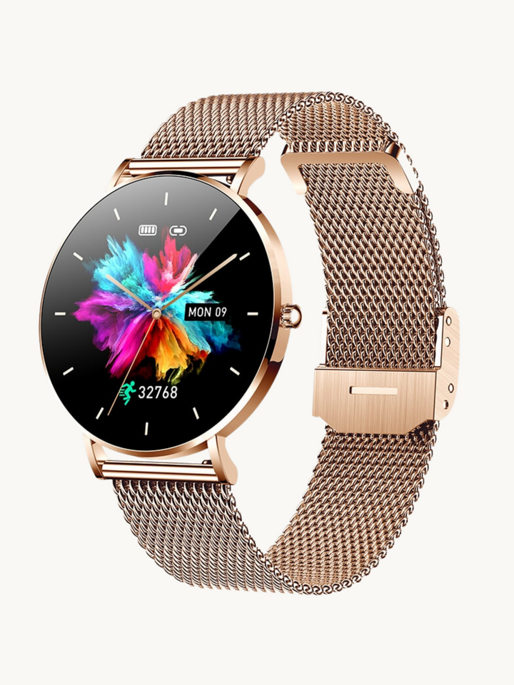 Kompakt, elegant smartwatch med ultratyndt design og mesh-rem, perfekt til enhver stil, AMOLED-skærm.