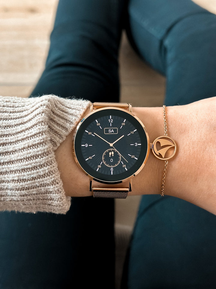 Kompakt, elegant smartwatch med ultratyndt design og mesh-rem, perfekt til enhver stil, AMOLED-skærm.