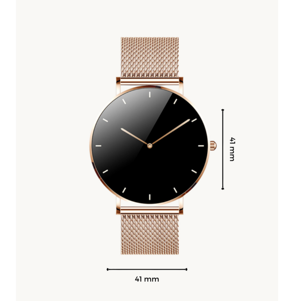 Kompakt, elegant smartwatch med ultratyndt design og mesh-rem, perfekt til enhver stil, AMOLED-skærm.