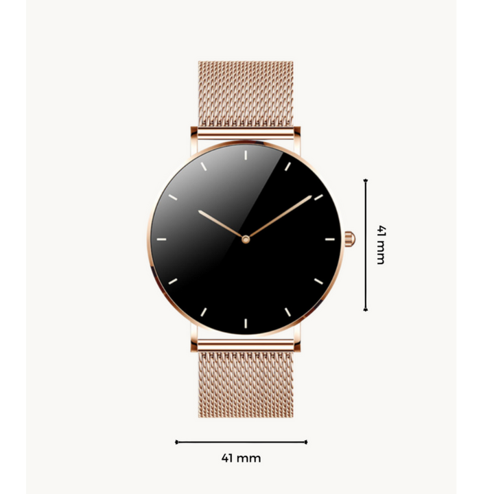 Kompakt, elegant smartwatch med ultratyndt design og mesh-rem, perfekt til enhver stil, AMOLED-skærm.