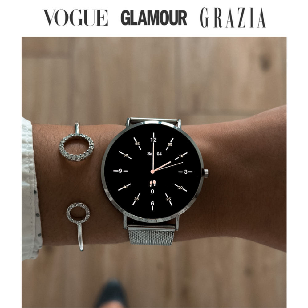 Kompakt, elegant smartwatch med ultratyndt design og mesh-rem, perfekt til enhver stil, AMOLED-skærm.