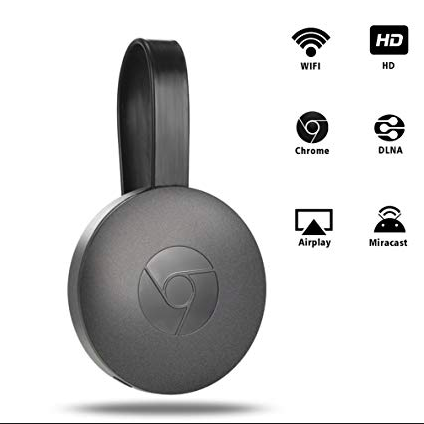 En sort, rund, kompakt trådløs videostreamer, egnet til 1080p HD-multimedie-streaming.