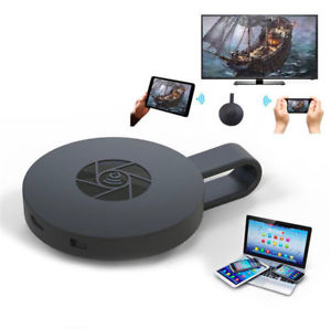 En sort, rund, kompakt trådløs videostreamer, egnet til 1080p HD-multimedie-streaming.
