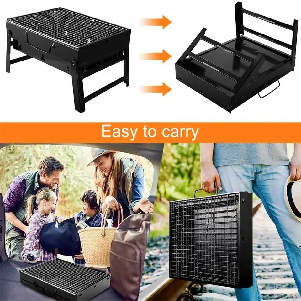 Bærbar kulgrill i rustfrit stål: foldbar, holdbar, ideel til camping, strand og have. Høj kvalitet og mobil.