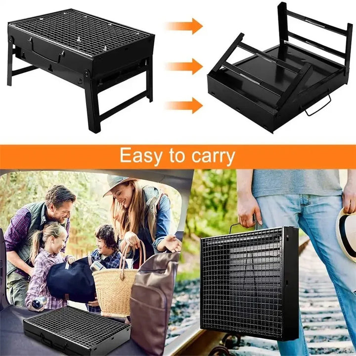 Bærbar kulgrill i rustfrit stål: foldbar, holdbar, ideel til camping, strand og have. Høj kvalitet og mobil.