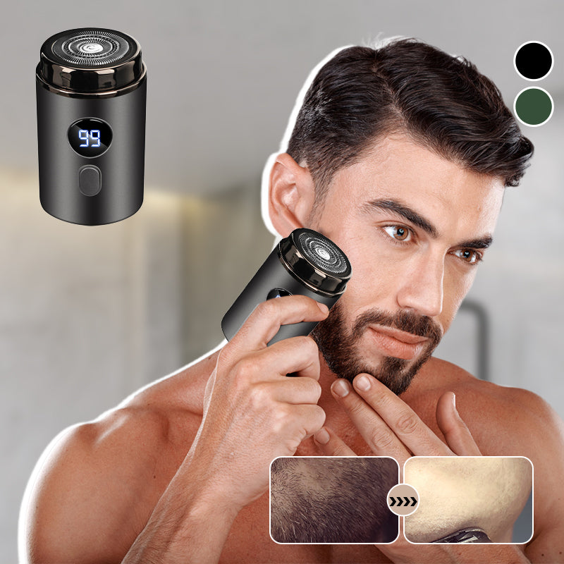 Kompakt elektrisk barbermaskine i Avocado Grøn og Stjerne Sølv, med USB-C opladning, ideel til rejser, vandtæt og nem at rengøre.