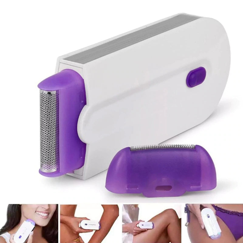 Kompakt trådløs barbermaskine til smertefri hårfjerning, USB-opladelig, hvidt design, glat overflade.