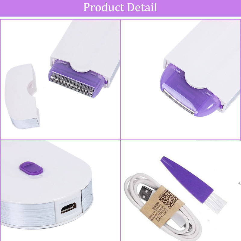 Kompakt trådløs barbermaskine til smertefri hårfjerning, USB-opladelig, hvidt design, glat overflade.