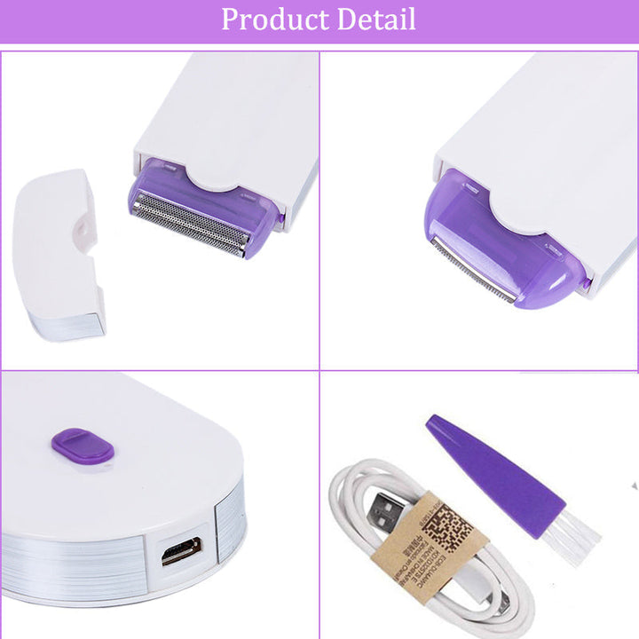 Kompakt trådløs barbermaskine til smertefri hårfjerning, USB-opladelig, hvidt design, glat overflade.