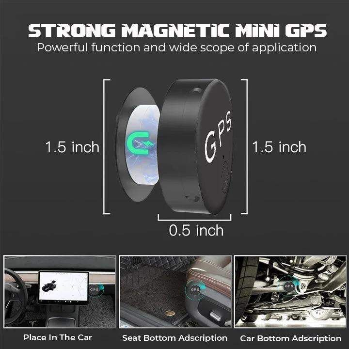 Kompakt sort GPS-tracker med magnet og realtidssporing, ideel til diskret fastgørelse på metaloverflader.