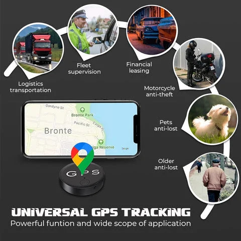 Kompakt sort GPS-tracker med magnet og realtidssporing, ideel til diskret fastgørelse på metaloverflader.