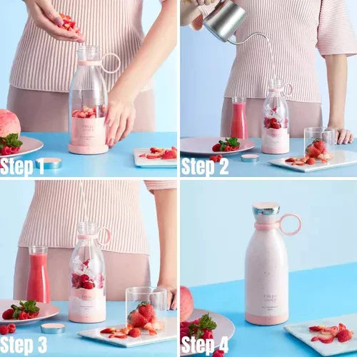 Kompakt smoothie blender, bærbar, med frugtbeholder og drikkelåg, ideel til på farten, i moderne design.