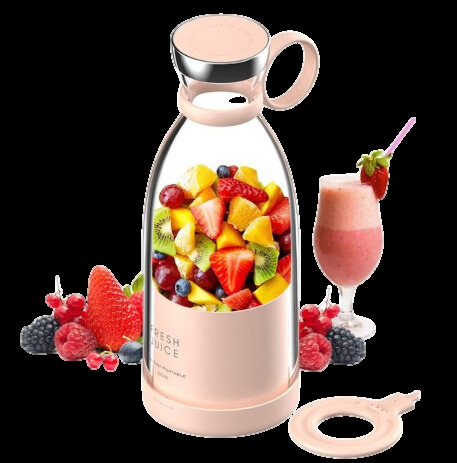 Kompakt smoothie blender, bærbar, med frugtbeholder og drikkelåg, ideel til på farten, i moderne design.