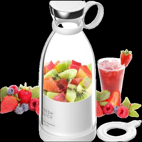 Kompakt smoothie blender, bærbar, med frugtbeholder og drikkelåg, ideel til på farten, i moderne design.