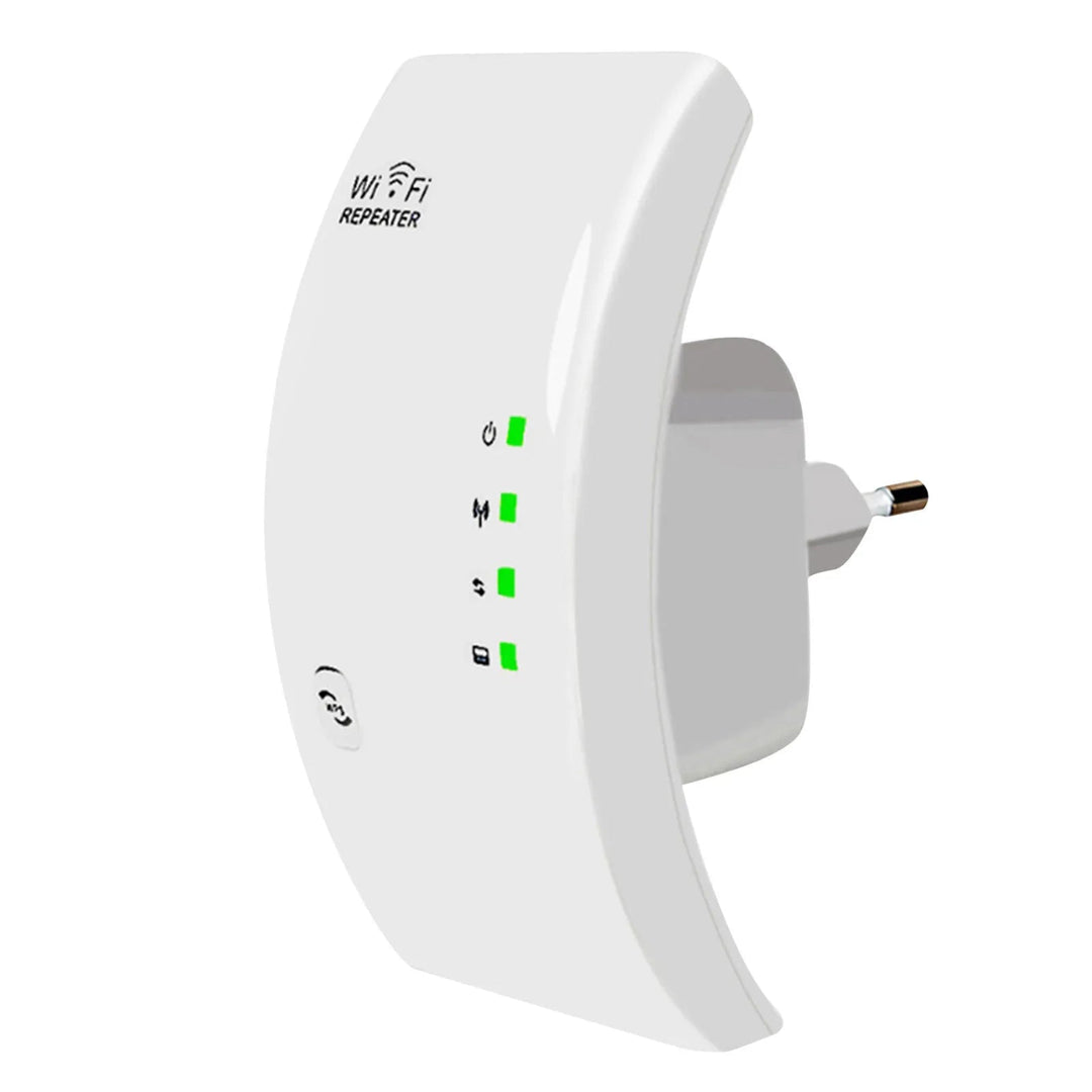 Kompakt hvid WiFi-forstærker i stikkontakt, udvider WLAN-signalet, ideel til hurtigt internet op til 300 Mbps.