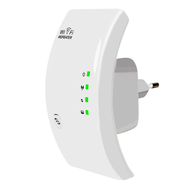Kompakt hvid WiFi-forstærker i stikkontakt, udvider WLAN-signalet, ideel til hurtigt internet op til 300 Mbps.