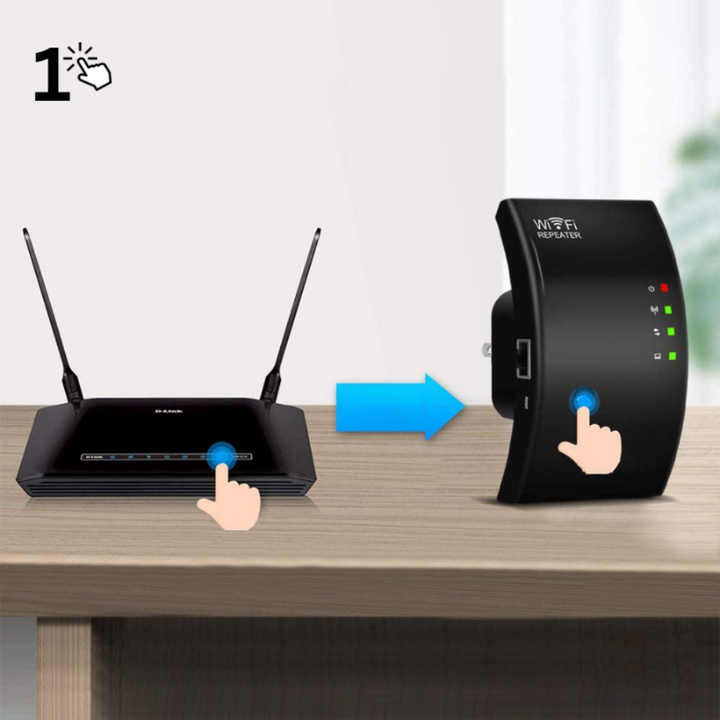 Kompakt hvid WiFi-forstærker i stikkontakt, udvider WLAN-signalet, ideel til hurtigt internet op til 300 Mbps.