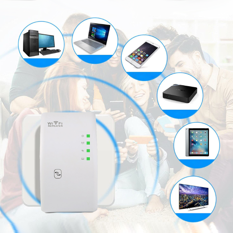 Kompakt hvid WiFi-forstærker i stikkontakt, udvider WLAN-signalet, ideel til hurtigt internet op til 300 Mbps.