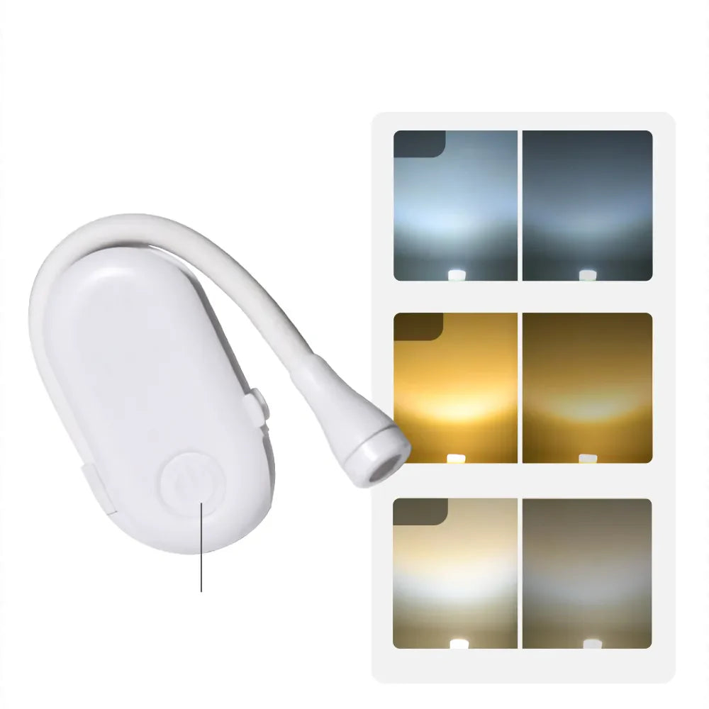 Kompakt Mini Boglampe: dæmpbar, USB-opladelig, med fleksibel 360° klips for optimal læseglæde på farten.