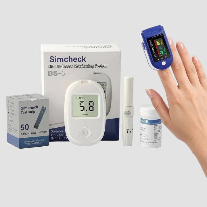 Komplet sundhedssæt: Pulsoximeter & blodsukkermåler til hjemmemåling af SpO2, puls og blodsukker.