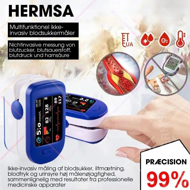 Hjemmemåling af dit helbred: Pulsoximeter & blodsukkermåler for SpO2, puls og blodsukkerresultater.